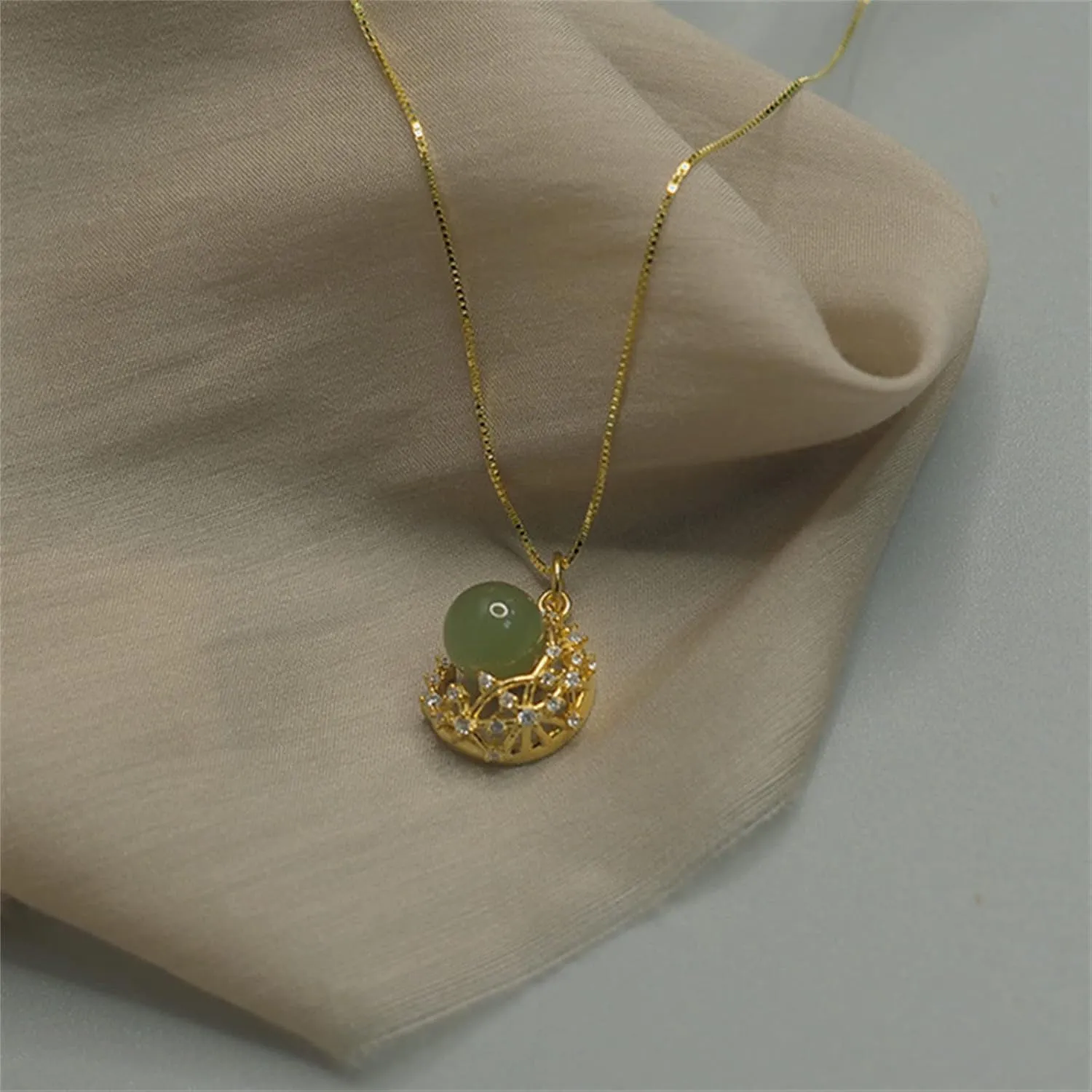 Natural Hetian Jade & Zircon Necklaces for Women, Dainty Green Jade Pendant for Women, Lucky Green Jade Elegant Jewelry Gift for Women Lover Her (925 Sterling Silver with Gold Plated)