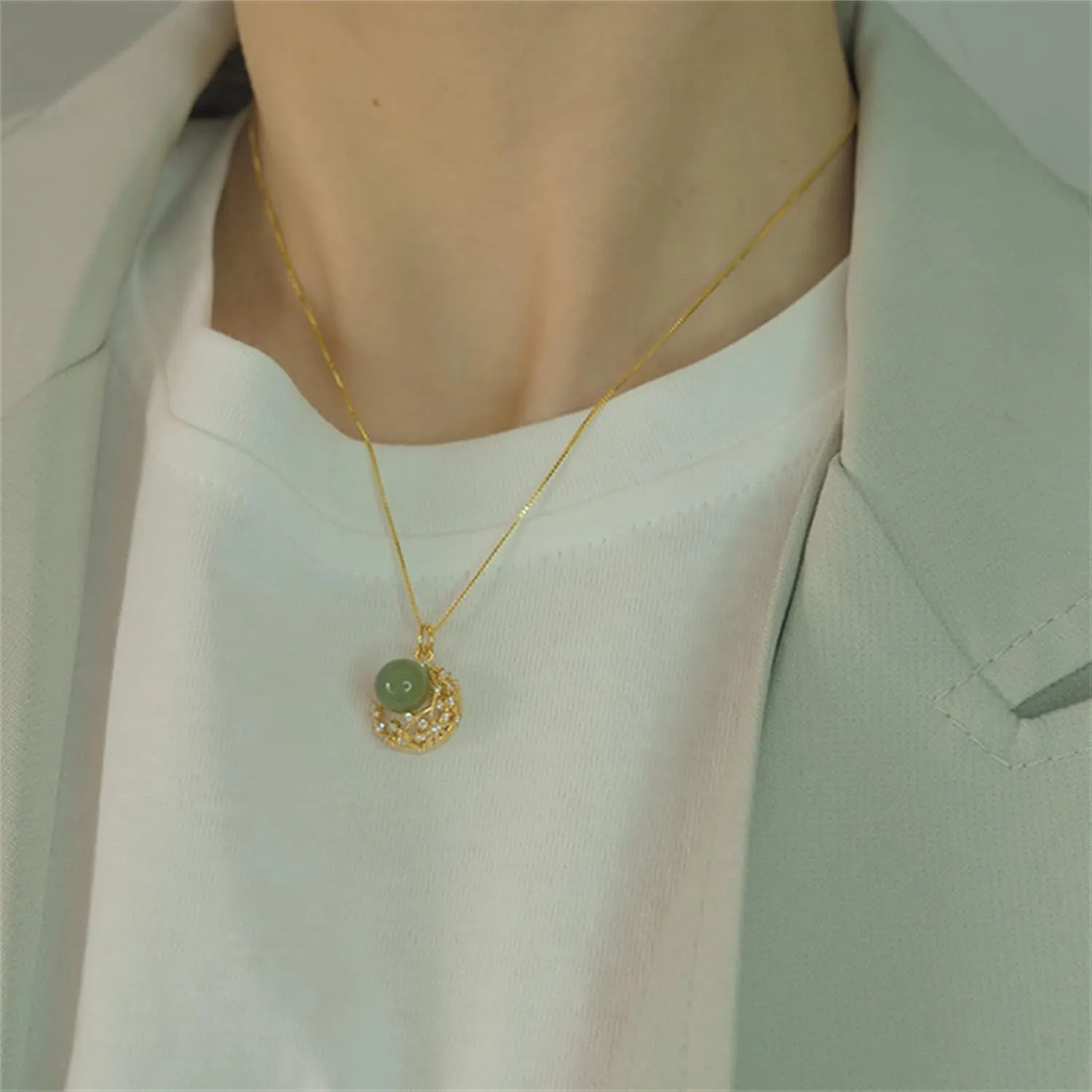 Natural Hetian Jade & Zircon Necklaces for Women, Dainty Green Jade Pendant for Women, Lucky Green Jade Elegant Jewelry Gift for Women Lover Her (925 Sterling Silver with Gold Plated)