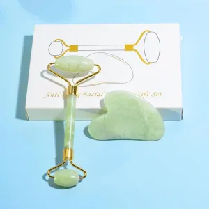 Natural Jade Facial Roller and Gua Sha Set, Green Jade Stone, Manul Facial Massage Tool