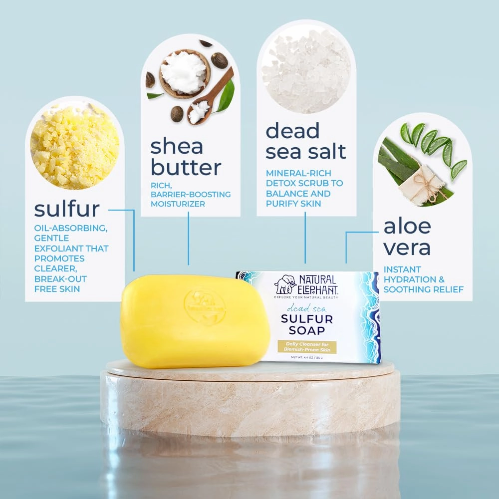 Natural Elephant Dead Sea Sulfur Soap 4.4 oz with Dead Sea Salt, Aloe Vera, Sulphur Face and Body Cleanser for All Skin Types (4 Pack (17.6 oz Total))