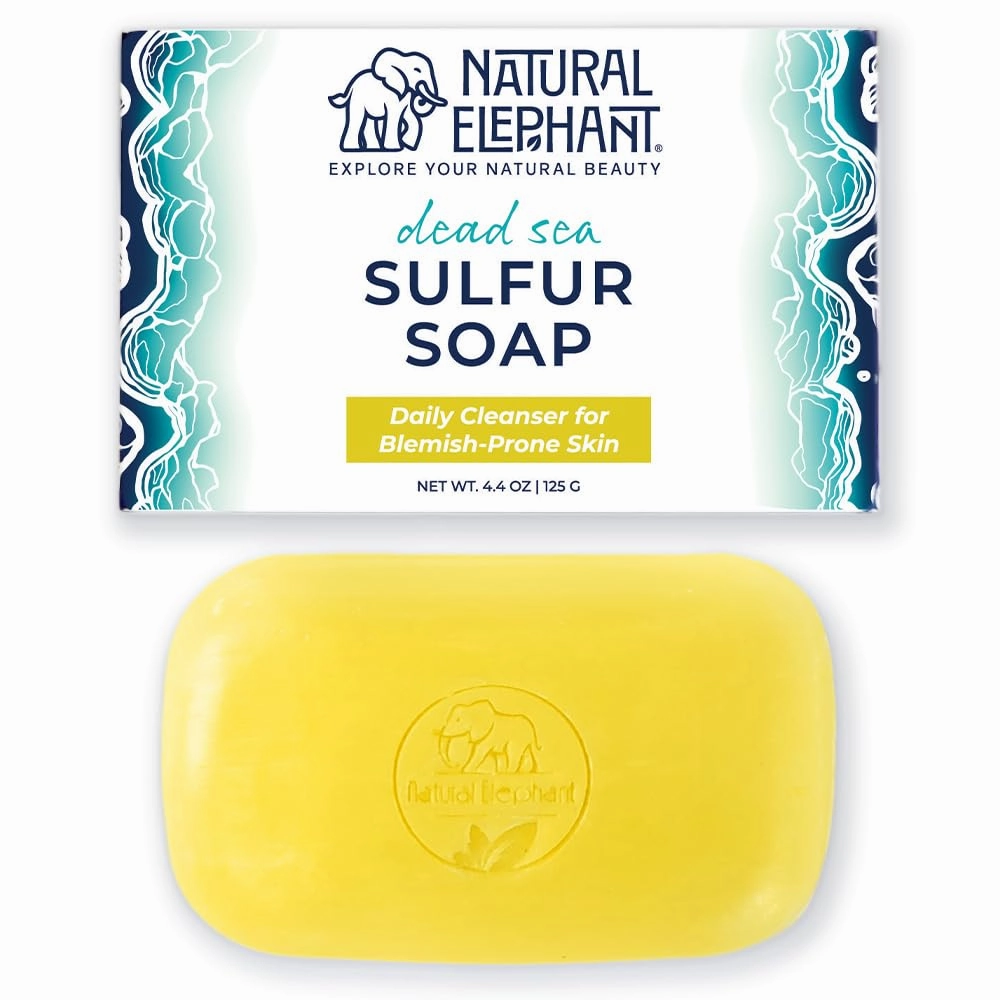 Natural Elephant Dead Sea Sulfur Soap 4.4 oz with Dead Sea Salt, Aloe Vera, Sulphur Face and Body Cleanser for All Skin Types (4 Pack (17.6 oz Total))