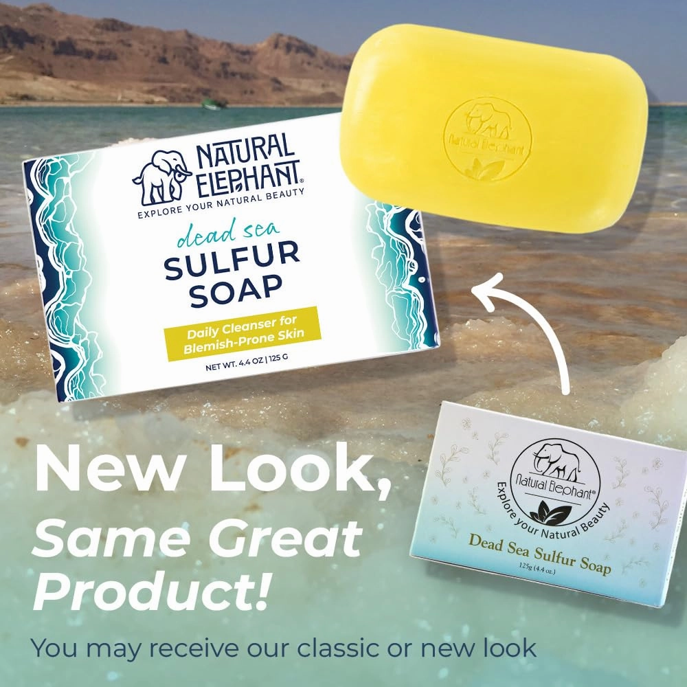 Natural Elephant Dead Sea Sulfur Soap 4.4 oz with Dead Sea Salt, Aloe Vera, Sulphur Face and Body Cleanser for All Skin Types (4 Pack (17.6 oz Total))