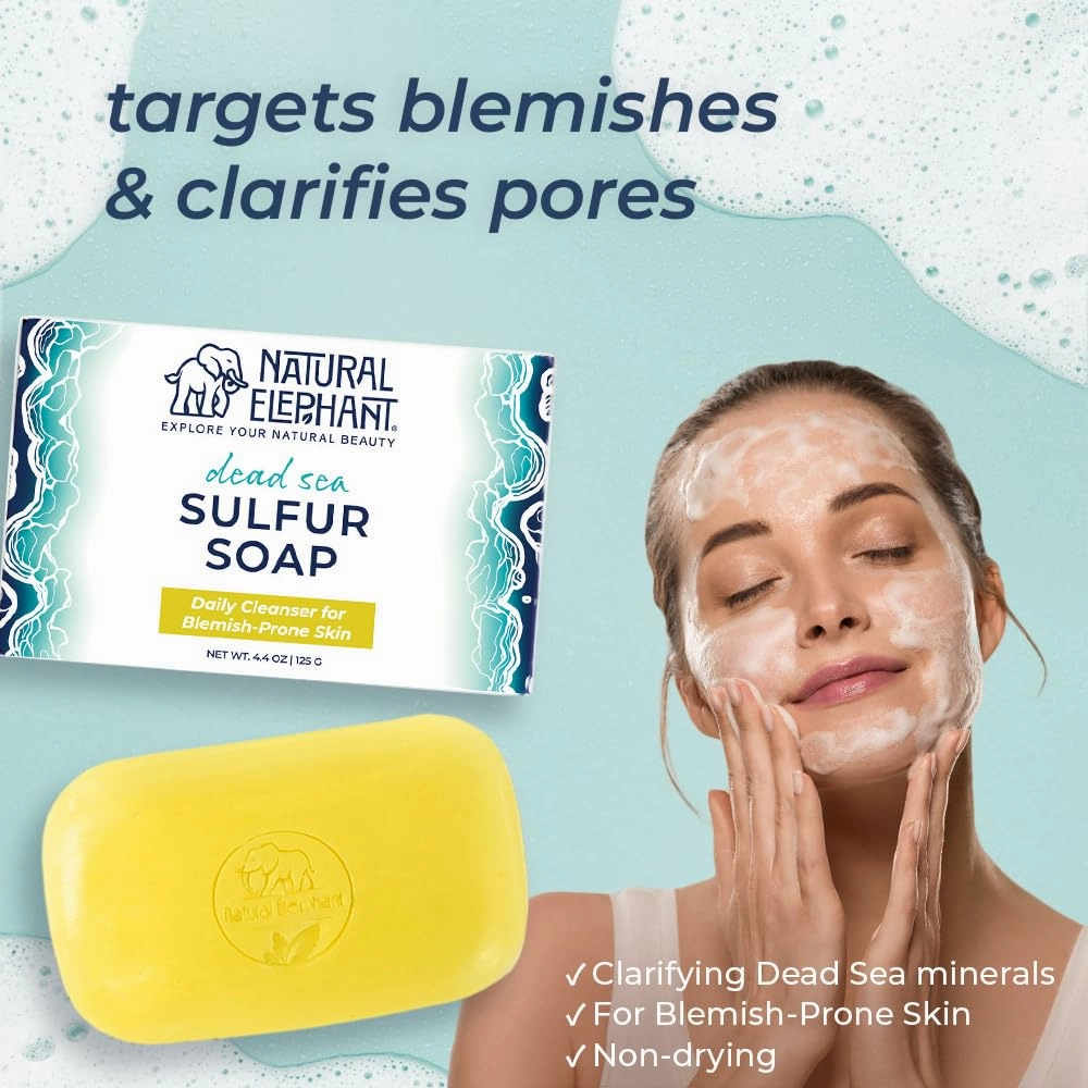 Natural Elephant Dead Sea Sulfur Soap 4.4 oz with Dead Sea Salt, Aloe Vera, Sulphur Face and Body Cleanser for All Skin Types (4 Pack (17.6 oz Total))