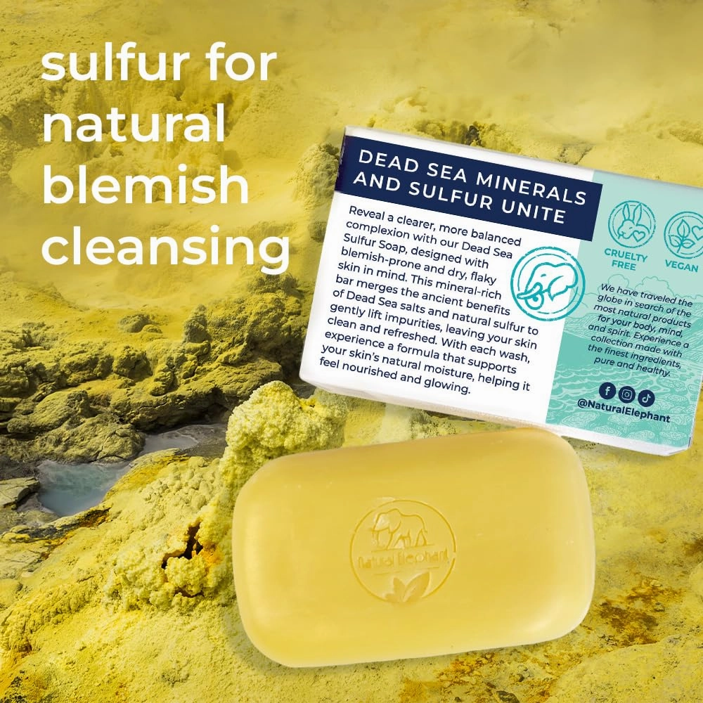 Natural Elephant Dead Sea Sulfur Soap 4.4 oz with Dead Sea Salt, Aloe Vera, Sulphur Face and Body Cleanser for All Skin Types (4 Pack (17.6 oz Total))