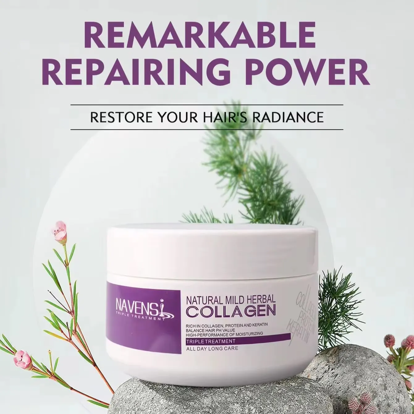 Navensi Natural Mild Herbal Collagen Triple Treatment Hair Care, Moisturizing with Protein and Keratin, pH Balancing hair mask. 16.9 floz