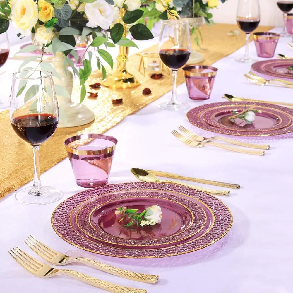 Nervure 150PCS Clear Purple Plastic Plates - Gold Party Plate - Purple and Gold Plate Include: 50 Plates, 25Cups, 25Forks, 25Knives, 25Spoons for Wedding & Party