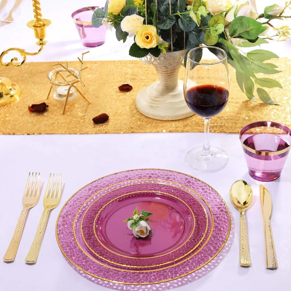 Nervure 150PCS Clear Purple Plastic Plates - Gold Party Plate - Purple and Gold Plate Include: 50 Plates, 25Cups, 25Forks, 25Knives, 25Spoons for Wedding & Party