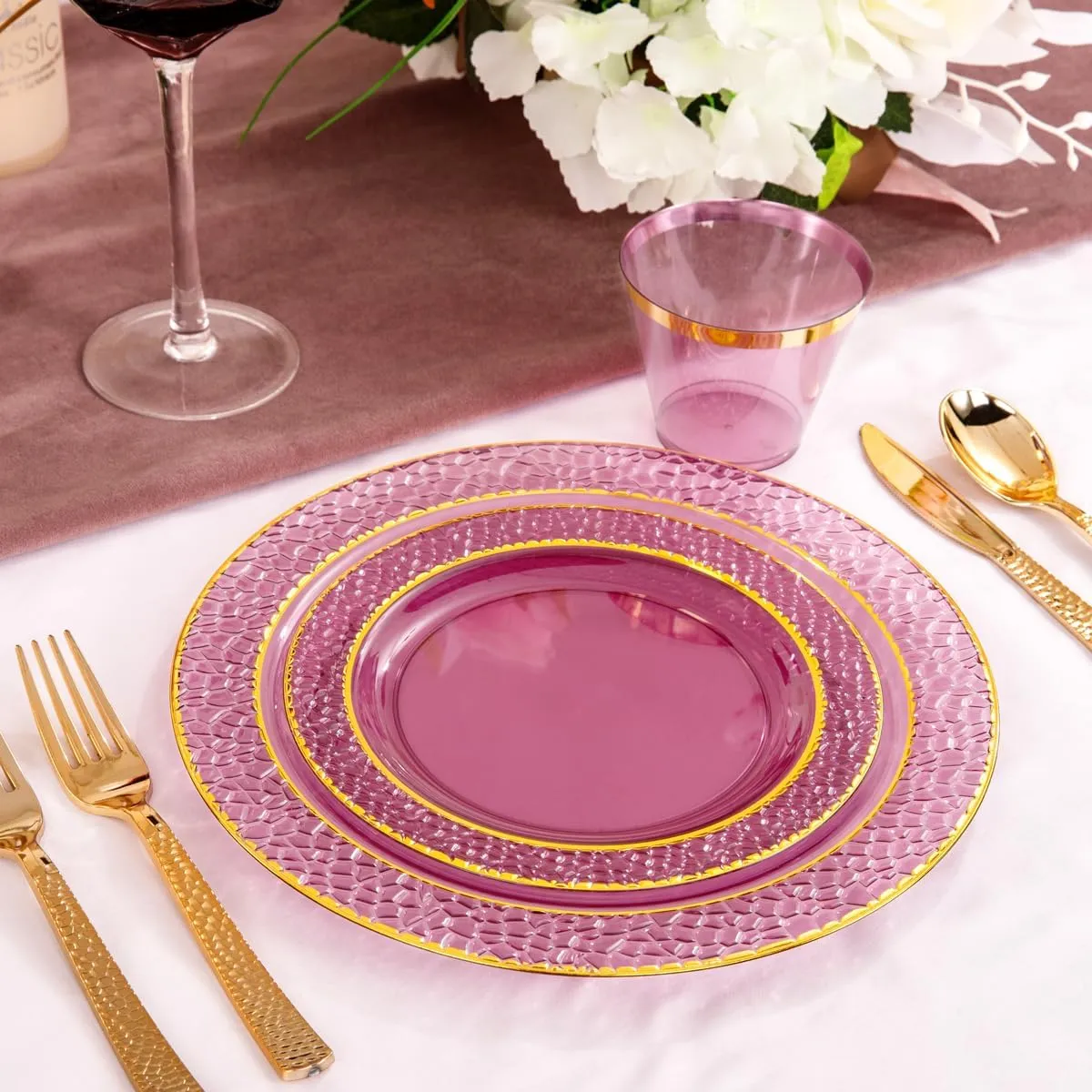 Nervure 150PCS Clear Purple Plastic Plates - Gold Party Plate - Purple and Gold Plate Include: 50 Plates, 25Cups, 25Forks, 25Knives, 25Spoons for Wedding & Party