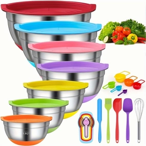 Nesting Mixing Bowls, Stainless Steel, 18pcs/set With Airtight Lids-Non-Slip, Colorful, Durable, And Easy To Store Perfect For Mixing, Serving, And Storing Dishes, Kitchen Accessories