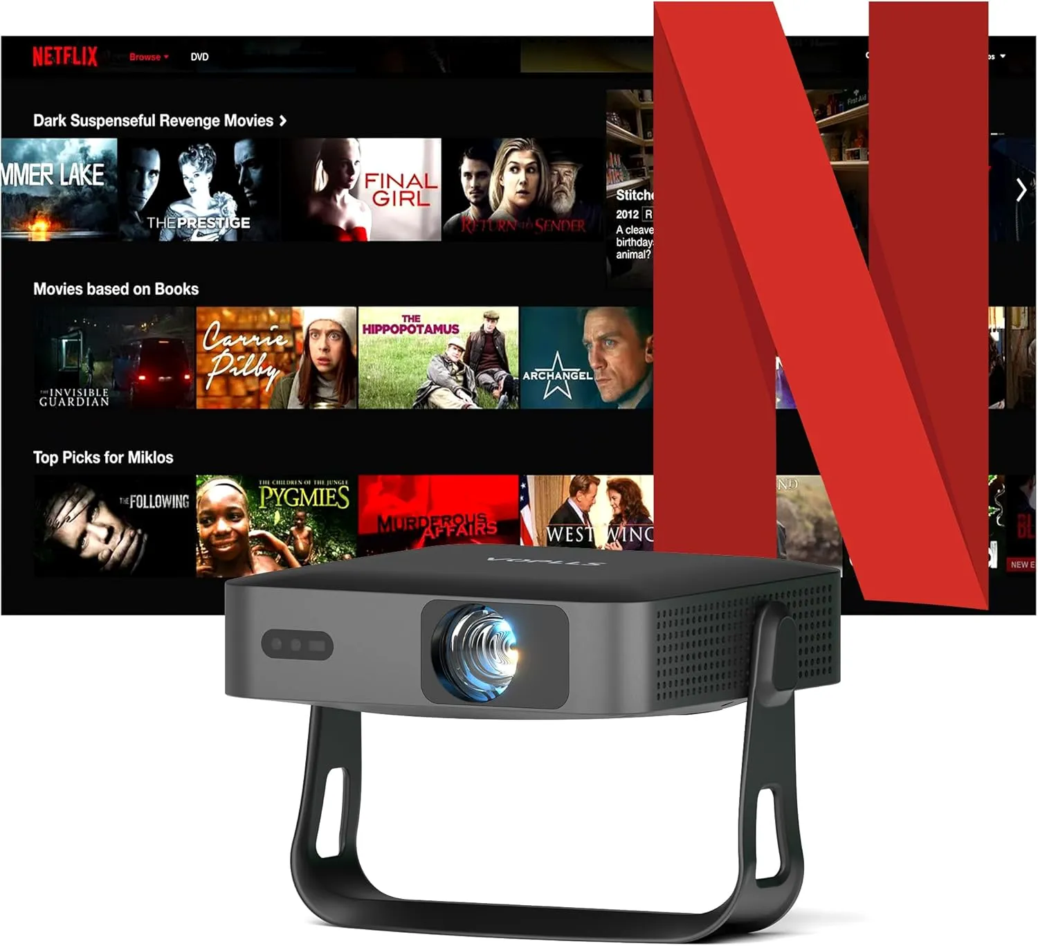 【Netflix-Licensed & 360°Adjustable Stand】Smart Mini Projector with WiFi and Bluetooth, Auto Focus & Keystone Portable Outdoor Projector, VOPLLS Native 1080P 4K Supported Home Movie Projector