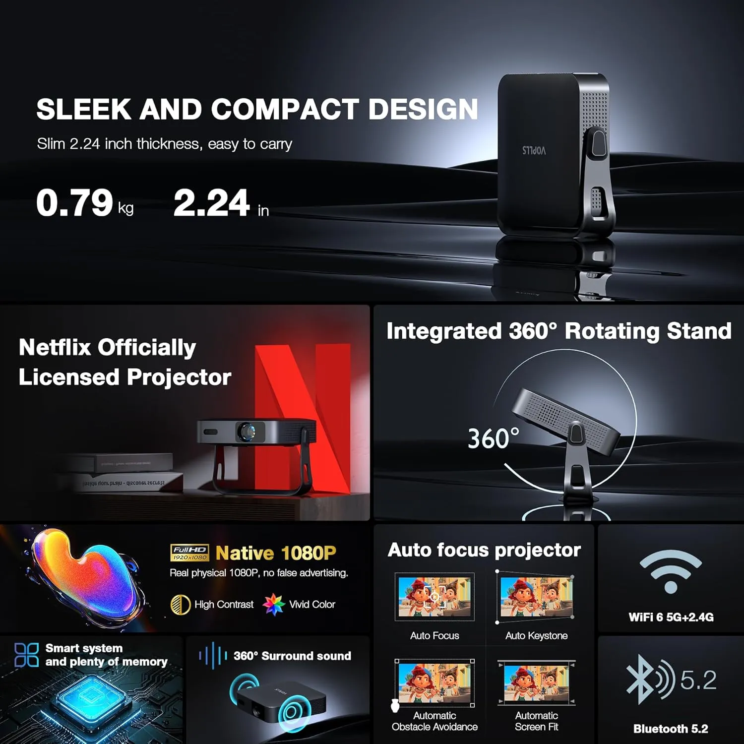 【Netflix-Licensed & 360°Adjustable Stand】Smart Mini Projector with WiFi and Bluetooth, Auto Focus & Keystone Portable Outdoor Projector, VOPLLS Native 1080P 4K Supported Home Movie Projector