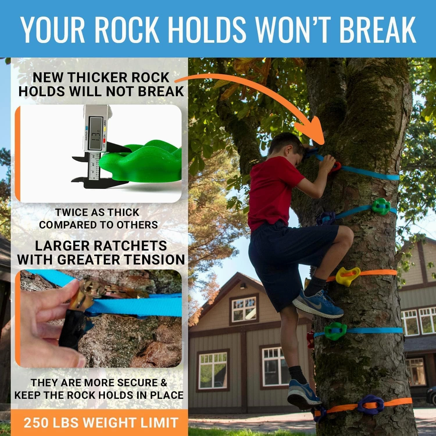 Ninja Tree Climbing Kit – 16 Large Climbing Holds & 8 Ratchets, Quick 10-Minute Setup, Textured Grip, Safe for Kids 5-12, Black Design, Supports Up to 250lbs, Portable Carrying Bag, Outdoor Fun
