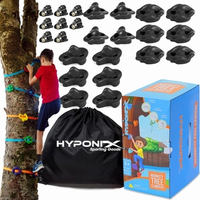 Ninja Tree Climbing Kit – 16 Large Climbing Holds & 8 Ratchets, Quick 10-Minute Setup, Textured Grip, Safe for Kids 5-12, Black Design, Supports Up to 250lbs, Portable Carrying Bag, Outdoor Fun