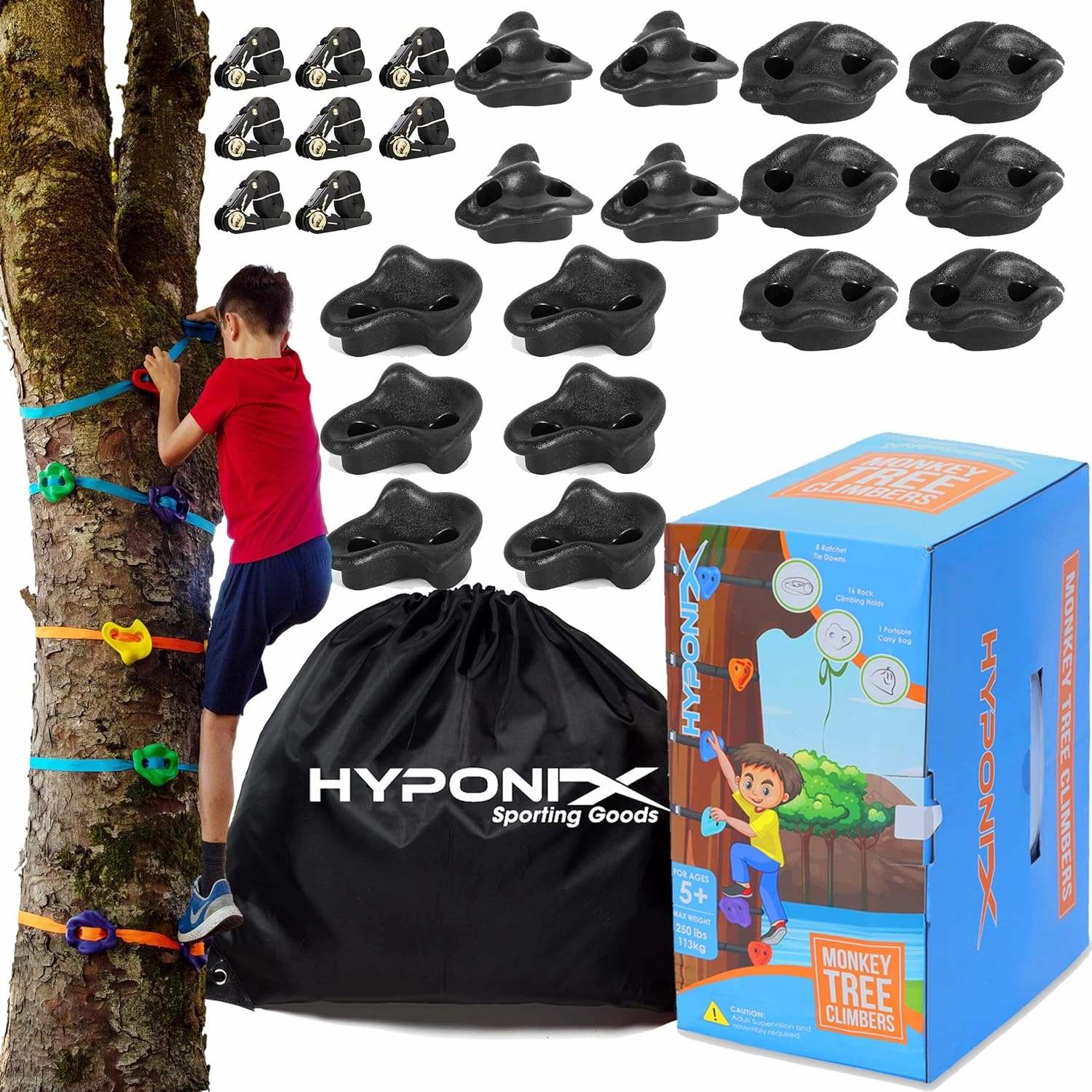 Ninja Tree Climbing Kit – 16 Large Climbing Holds & 8 Ratchets, Quick 10-Minute Setup, Textured Grip, Safe for Kids 5-12, Black Design, Supports Up to 250lbs, Portable Carrying Bag, Outdoor Fun