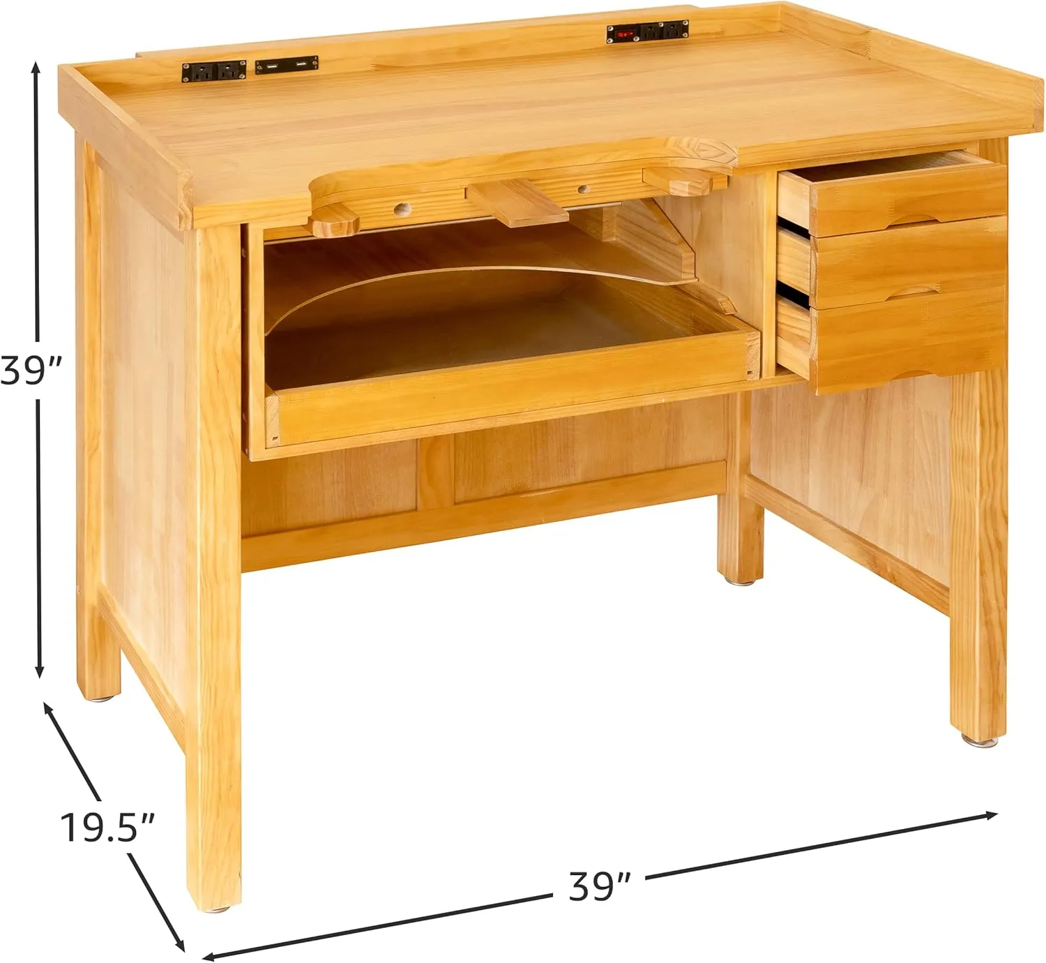 Noble Fine Wood Smart Jewelers Bench - Wooden Workbench with Drawers, Solid Wood Top, Power Outlets and USB Ports for Jewelry Making