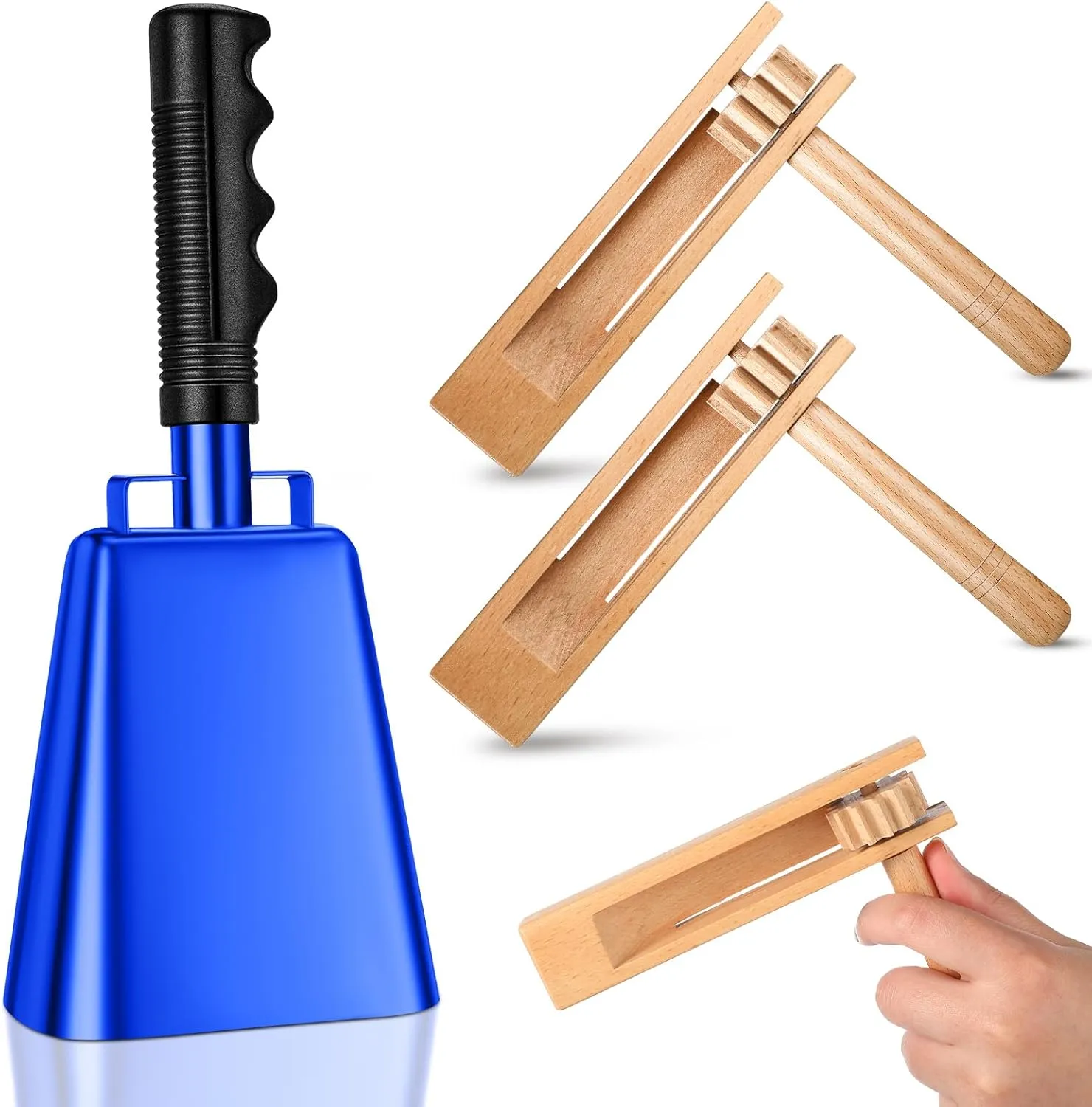 Nuanchu 3 Pcs Matraca Noise Makers for Sport Event 10'' Steel Cow Bell with Handle Cheering Bell and 2 Wooden Spinning Rattle Ratchet Noisemaker Traditional Mexican Toy for Game Party Sport(Blue)