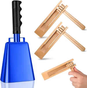 Nuanchu 3 Pcs Matraca Noise Makers for Sport Event 10'' Steel Cow Bell with Handle Cheering Bell and 2 Wooden Spinning Rattle Ratchet Noisemaker Traditional Mexican Toy for Game Party Sport(Blue)