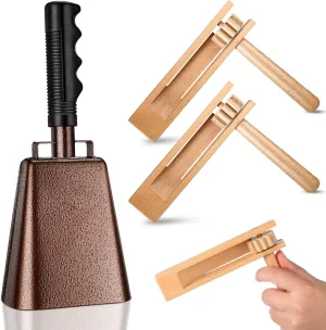 Nuanchu 3 Pcs Matraca Noise Makers for Sport Event 10'' Steel Cow Bell with Handle Cheering Bell and 2 Wooden Spinning Rattle Ratchet Noisemaker Traditional Mexican Toy for Game Party Sport(Brown)