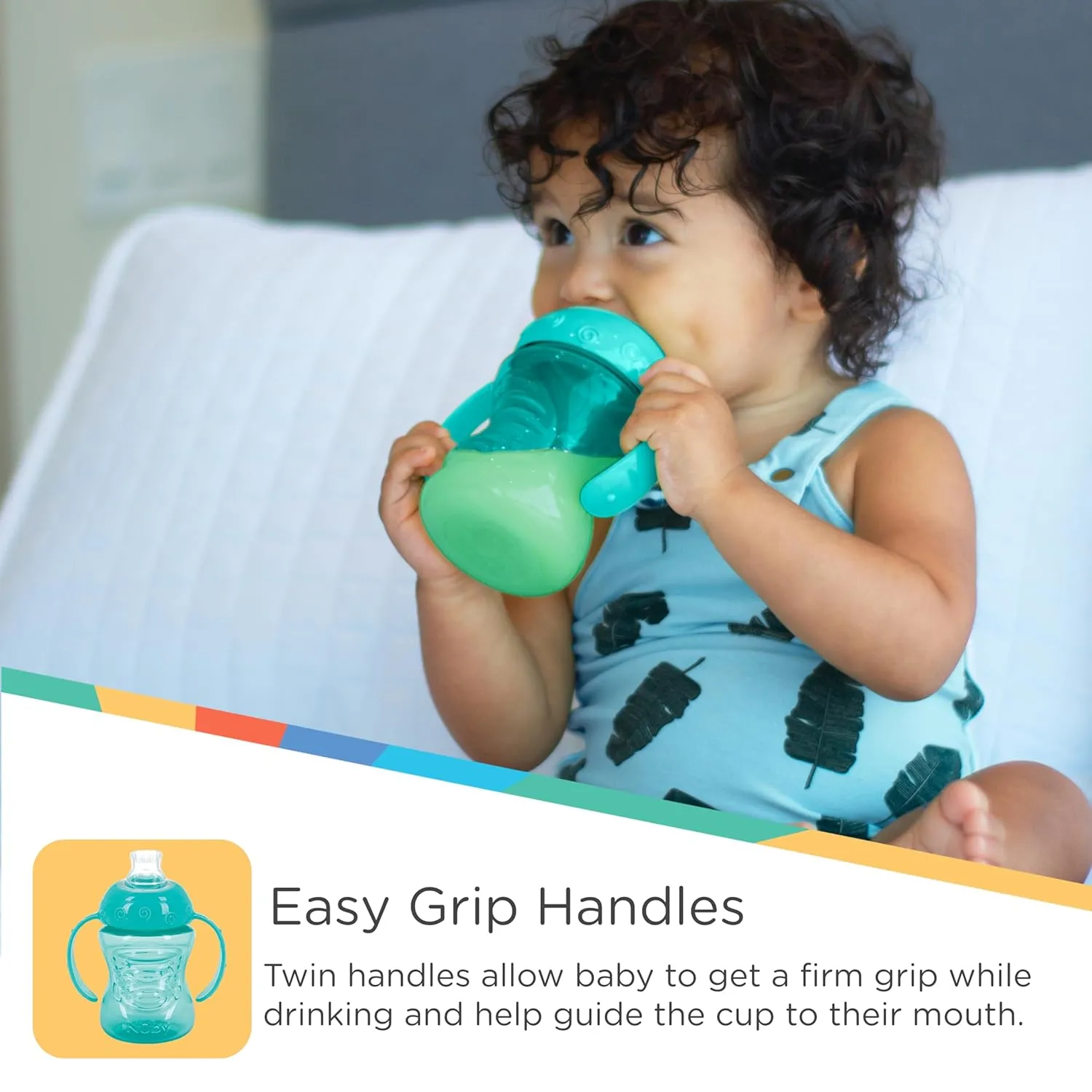 Nuby 3 Pack Two Handle No Spill Toddler Sippy Cups - Toddler Cups Spill Proof with Easy and Firm Grip - Aqua, Yellow, Coral