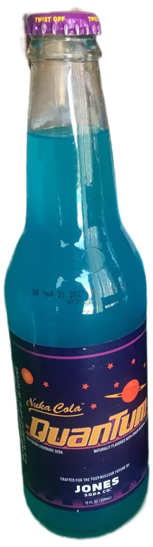Nuka Cola Quantum, Sour Blue Lemonade Soda by Jones Soda Co., 12 fl oz Glass Bottle. 12 bottles