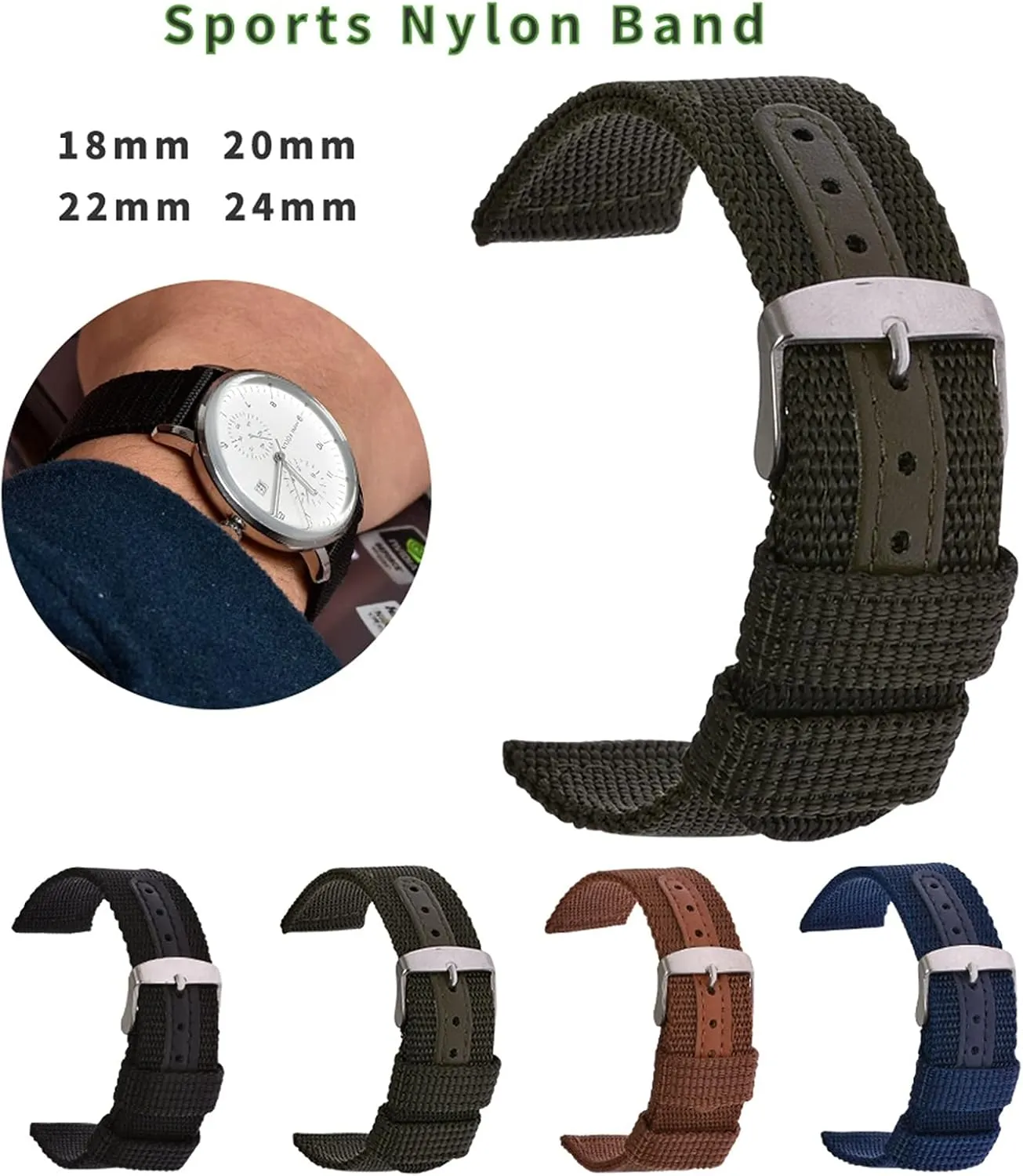 Nylon Watch Strap Breathable Woven Nylon Watch Band Strap Mesh 18 20 22 24Mm Women Men Watchbands Sports Black Blue Brown Army Green Strap (24 mm Army Green)