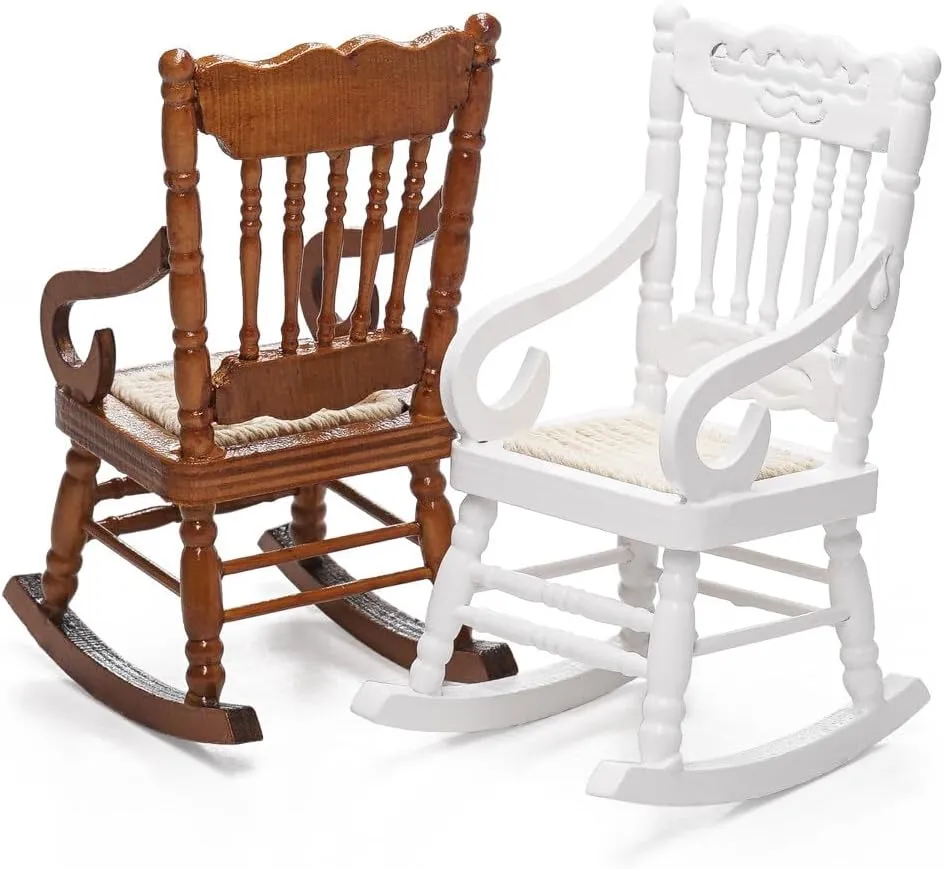 Odoria 1/12 Miniature Wooden Rocking Chairs for Crafts 2Pcs Mini Christmas Wood Chair Miniatures Dollhouse Furniture Accessories Doll House Accessory, White and Brown