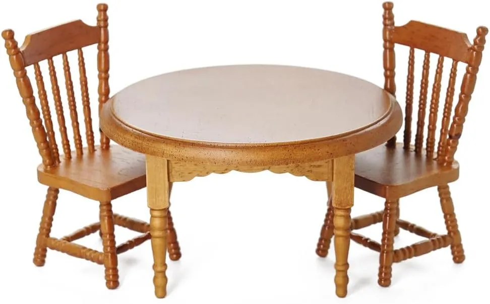 Odoria Dollhouse Dining Table Chairs Miniature: 1/12 Scale Dining Set for Vintage Kitchen Dining Room - Mini Wooden Furniture Round Table Brown