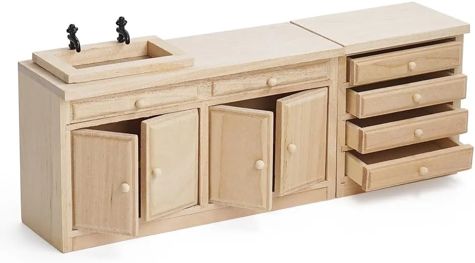 Odoria Dollhouse Kitchen Island Miniature : 1/12 Scale Table with Washbasin Drawer for Restaurant Bathroom Antique - Mini Unfinished Furniture Wood 2Pcs