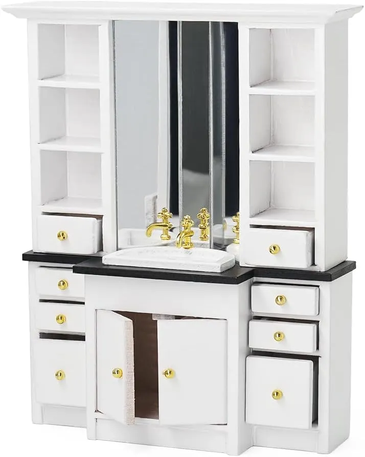 Odoria Dollhouse Mirror Cabinet Miniature: 1/12 Scale Dressing Table with Sink for Bathroom Toilet - Mini White Cupboard with Drawer Storage - Tiny Wood Furniture Modern
