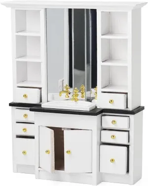 Odoria Dollhouse Mirror Cabinet Miniature: 1/12 Scale Dressing Table with Sink for Bathroom Toilet - Mini White Cupboard with Drawer Storage - Tiny Wood Furniture Modern