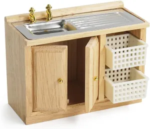 Odoria Dollhouse Sink Cabinet Miniature: 1/12 Scale Kitchen Island with Washbasin Basket for Restaurant Pantry - Mini Wood Furniture with Storage Rustic