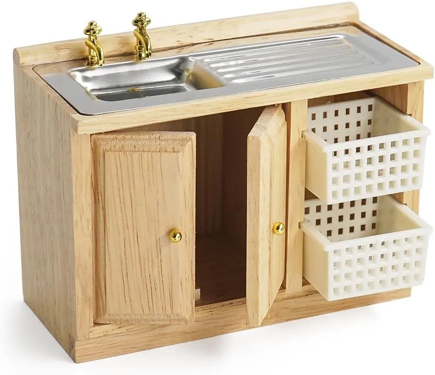 Odoria Dollhouse Sink Cabinet Miniature: 1/12 Scale Kitchen Island with Washbasin Basket for Restaurant Pantry - Mini Wood Furniture with Storage Rustic