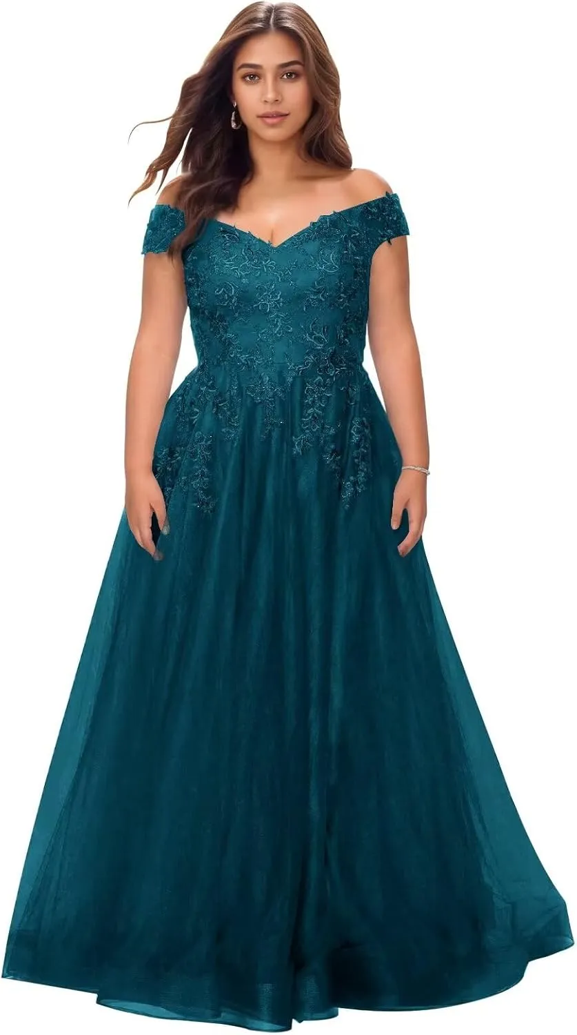 Off The Shoulder Tulle Mother of The Bride Dresses Plus Size Lace Applique Long Formal Evening Dress