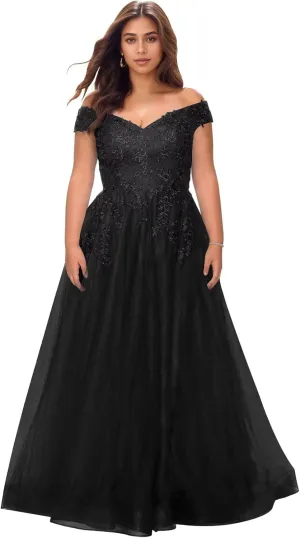 Off The Shoulder Tulle Mother of The Bride Dresses Plus Size Lace Applique Long Formal Evening Dress
