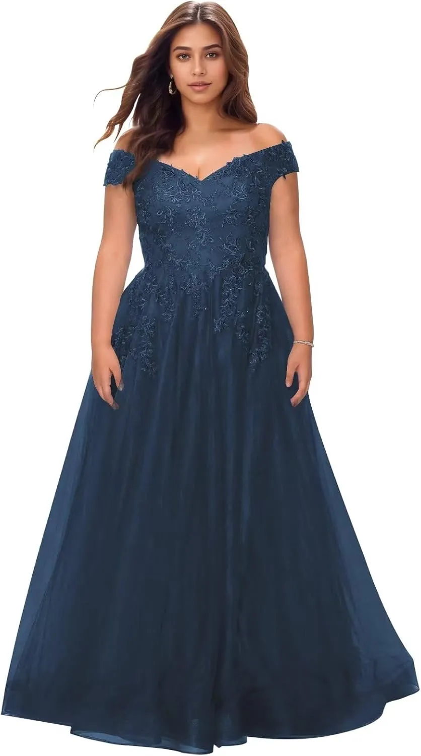 Off The Shoulder Tulle Mother of The Bride Dresses Plus Size Lace Applique Long Formal Evening Dress