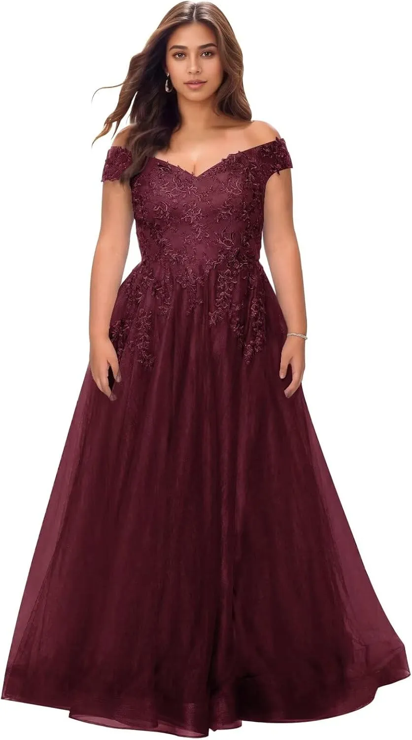 Off The Shoulder Tulle Mother of The Bride Dresses Plus Size Lace Applique Long Formal Evening Dress