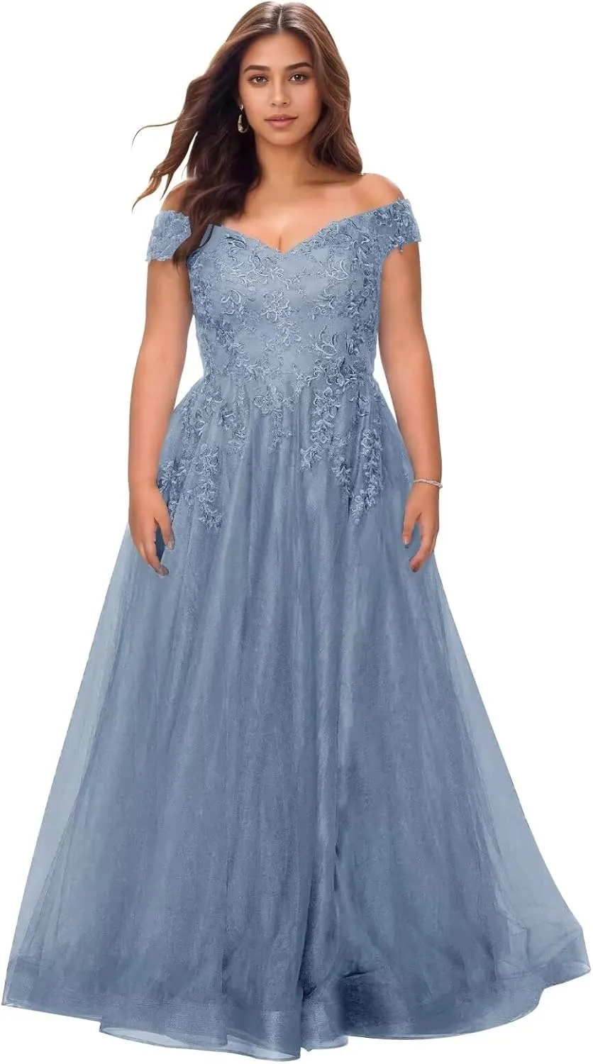Off The Shoulder Tulle Mother of The Bride Dresses Plus Size Lace Applique Long Formal Evening Dress