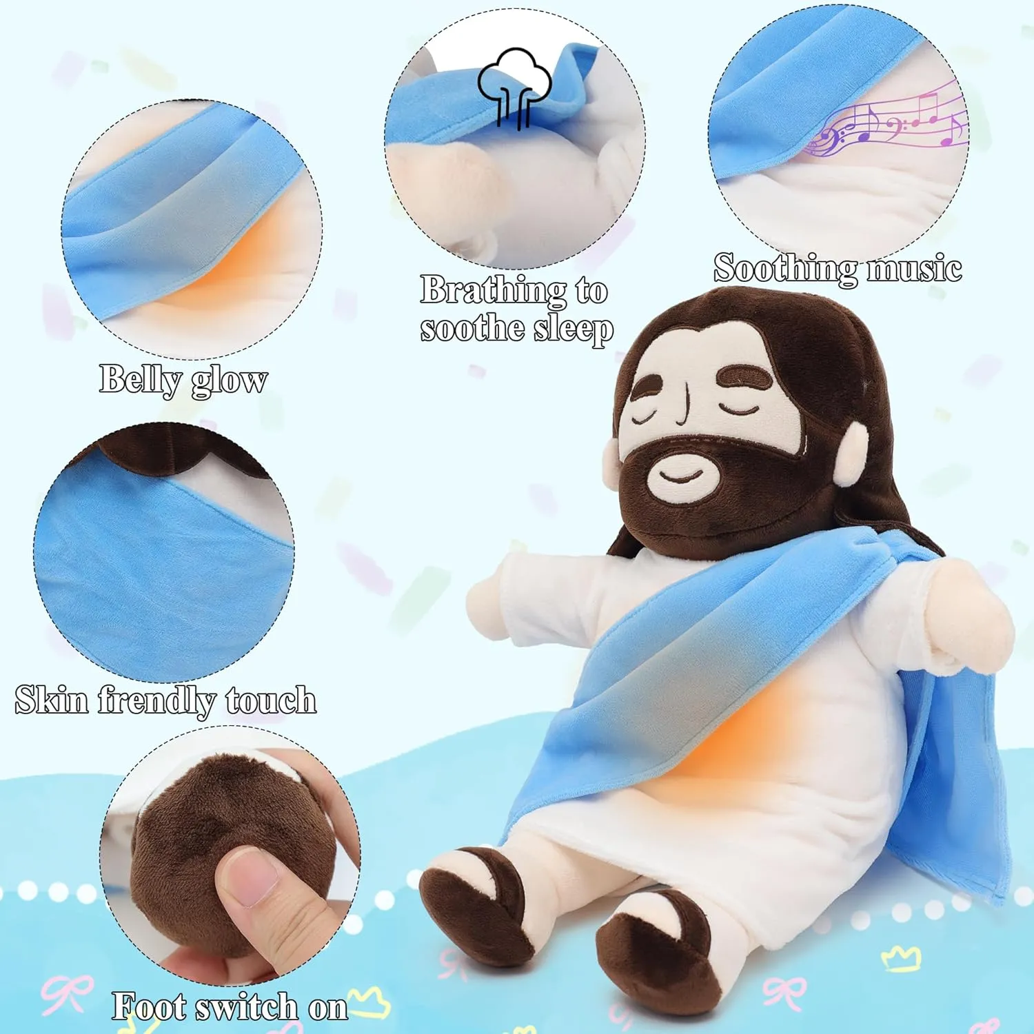 Officially Jesus Plush Breathing Soothing Stuffed Animal Heart of Jesus Toy Savior Doll for Church Sunday School Religious Easter Gift for Kids (Blue)