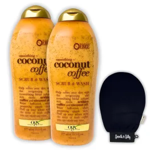 OGX Coconut Coffee Exfoliating Body Scrub & Wash, 19.5 Fl Oz, Pack of 2 with Arabica Coffee & NOAHIAN Body Exfoliating Mitt (3 items)