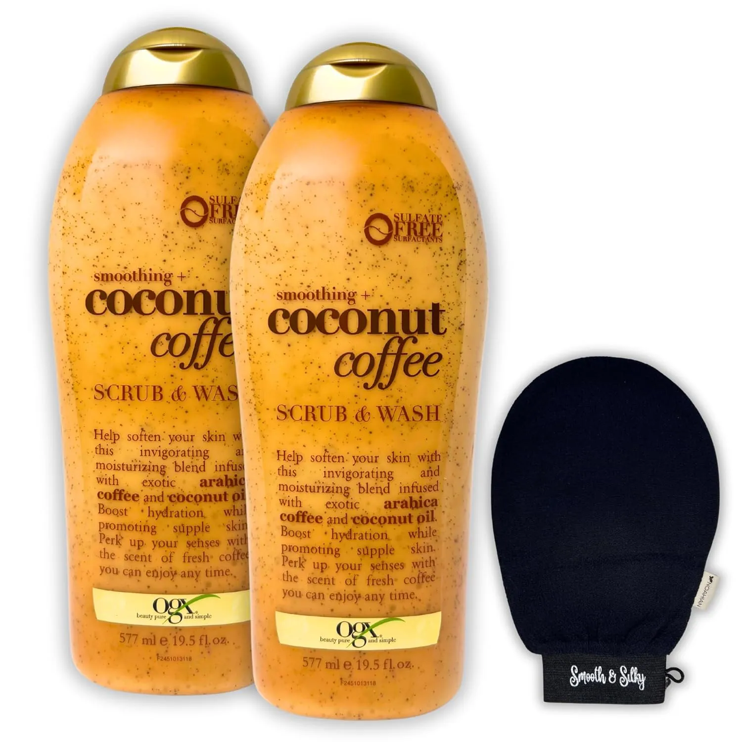 OGX Coconut Coffee Exfoliating Body Scrub & Wash, 19.5 Fl Oz, Pack of 2 with Arabica Coffee & NOAHIAN Body Exfoliating Mitt (3 items)