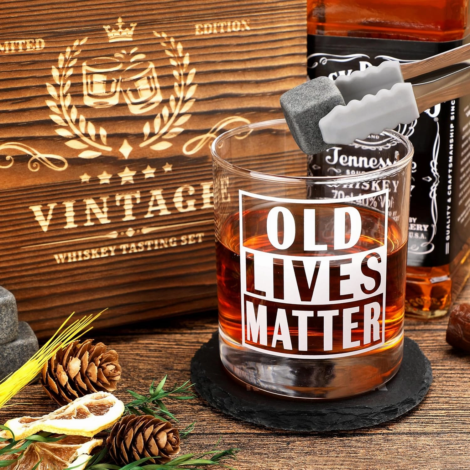 Old Lives Matter Whiskey Gifts Set for Men, Funny Birthday Retirement Ideas for Him Husband Dad, Include Wood Box, Recipe, Stones, Coaster, Stone Holder, Clamp