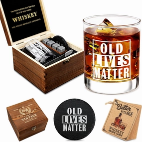 Old Lives Matter Whiskey Gifts Set for Men, Funny Birthday Retirement Ideas for Him Husband Dad, Include Wood Box, Recipe, Stones, Coaster, Stone Holder, Clamp