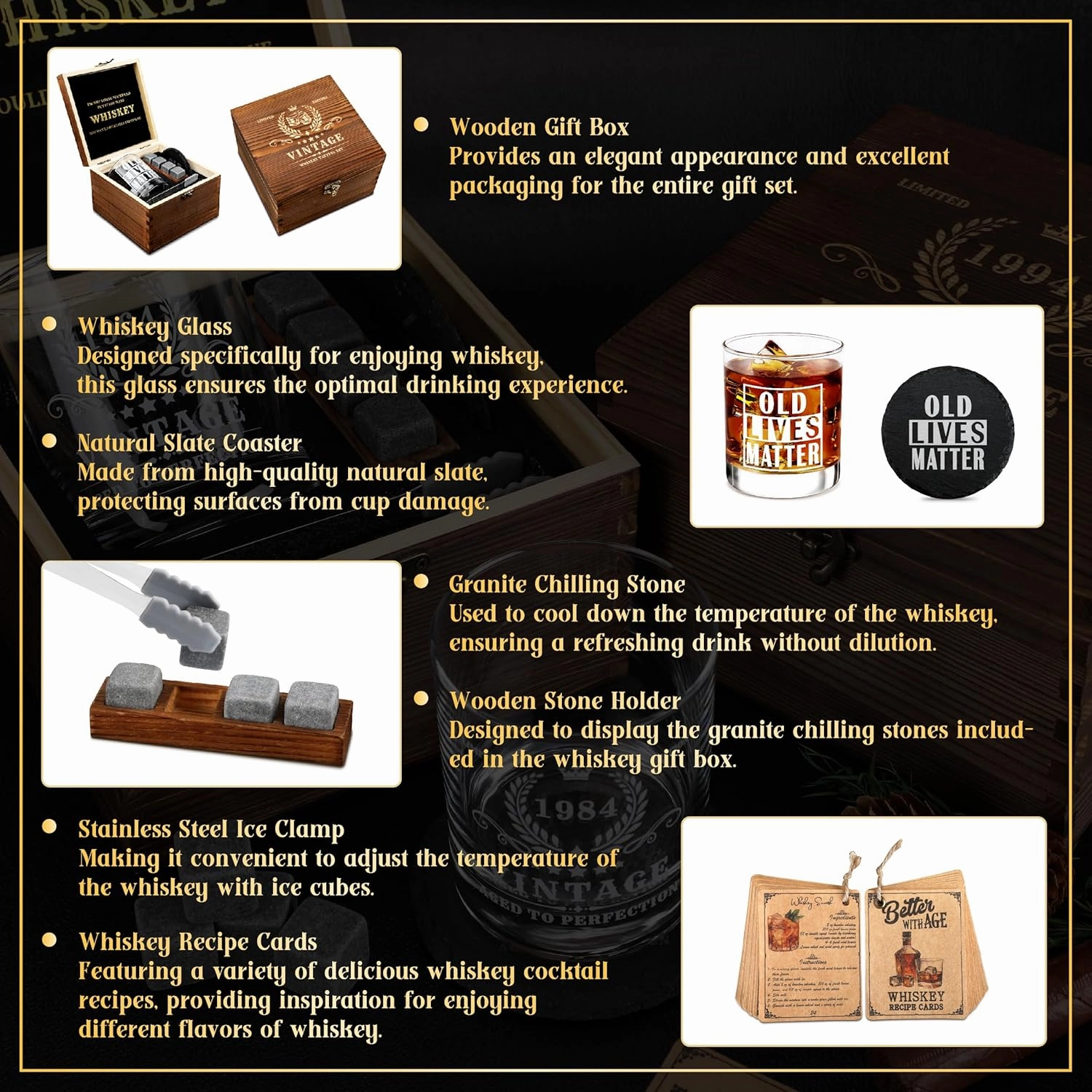 Old Lives Matter Whiskey Gifts Set for Men, Funny Birthday Retirement Ideas for Him Husband Dad, Include Wood Box, Recipe, Stones, Coaster, Stone Holder, Clamp