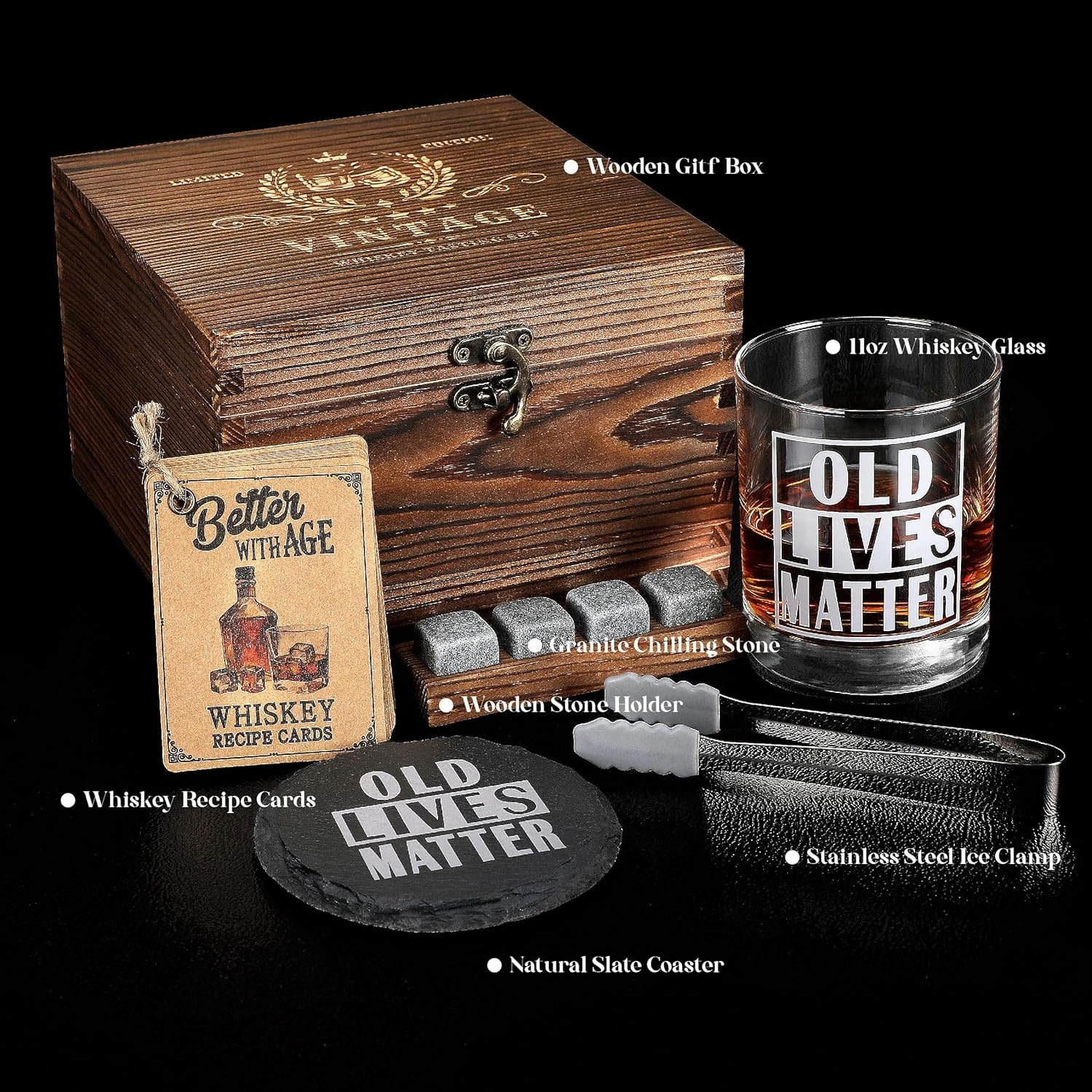 Old Lives Matter Whiskey Gifts Set for Men, Funny Birthday Retirement Ideas for Him Husband Dad, Include Wood Box, Recipe, Stones, Coaster, Stone Holder, Clamp