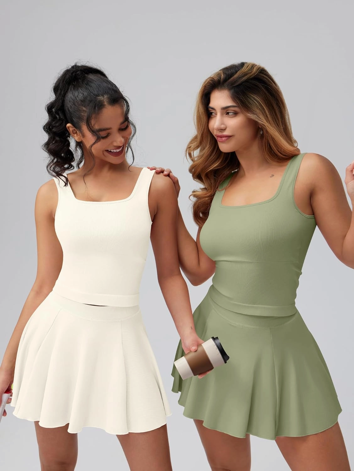 OQQ Women's 2 Piece Mini Skirt Sets Casual Summer Knit Cropped Tank Top with Sport Bra High Waisted Mini Skirts Outfit