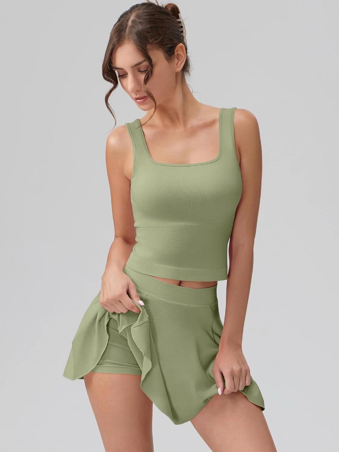 OQQ Women's 2 Piece Mini Skirt Sets Casual Summer Knit Cropped Tank Top with Sport Bra High Waisted Mini Skirts Outfit