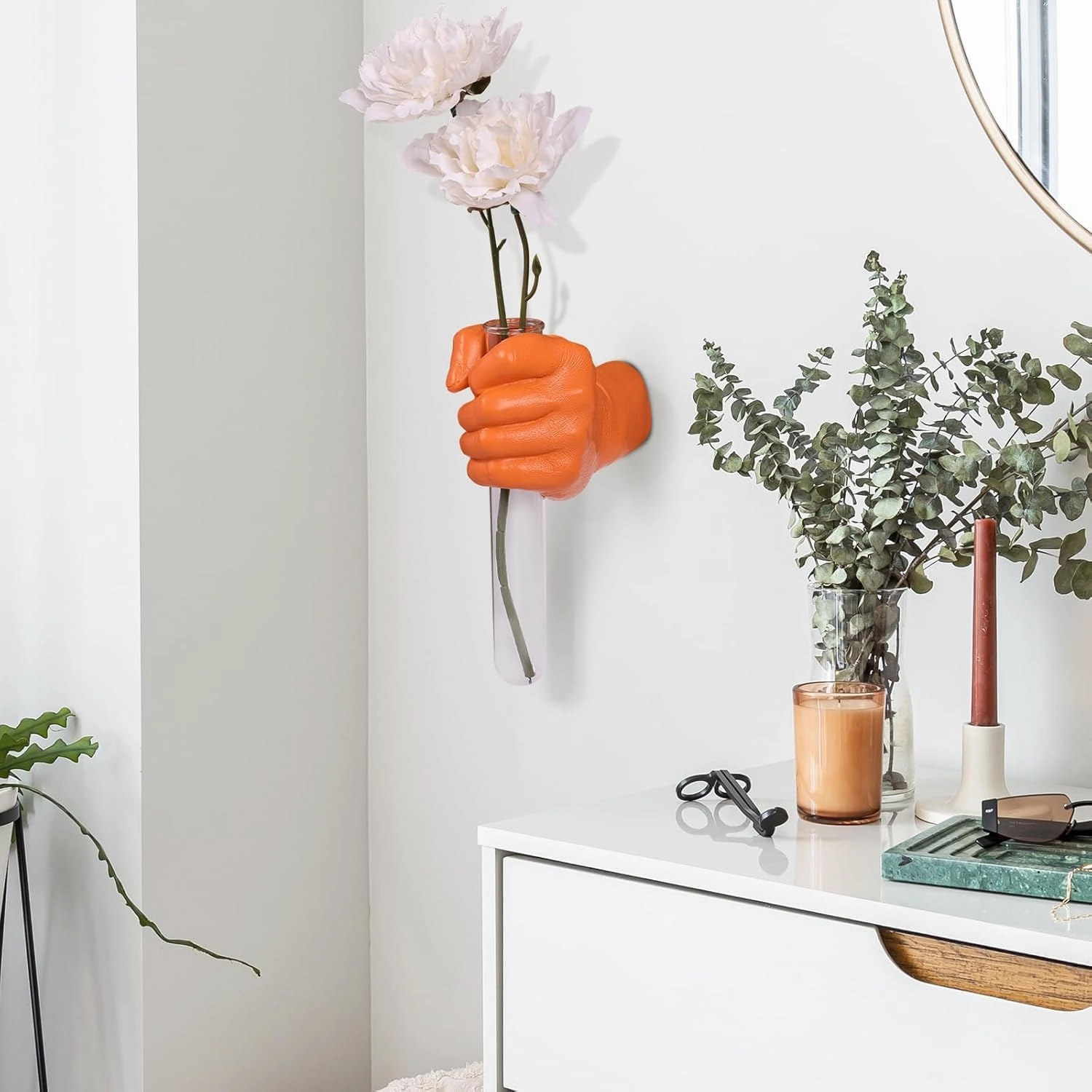 Orange Wall Sculptures, Hand Vases Home Decor, Wall Mount Art Sculpture, Unique Wall Art Statue, Funky Flower Vase Decorations, Modern Eclectic Hanging Decor,Glass Test Tube Vase (Orange)