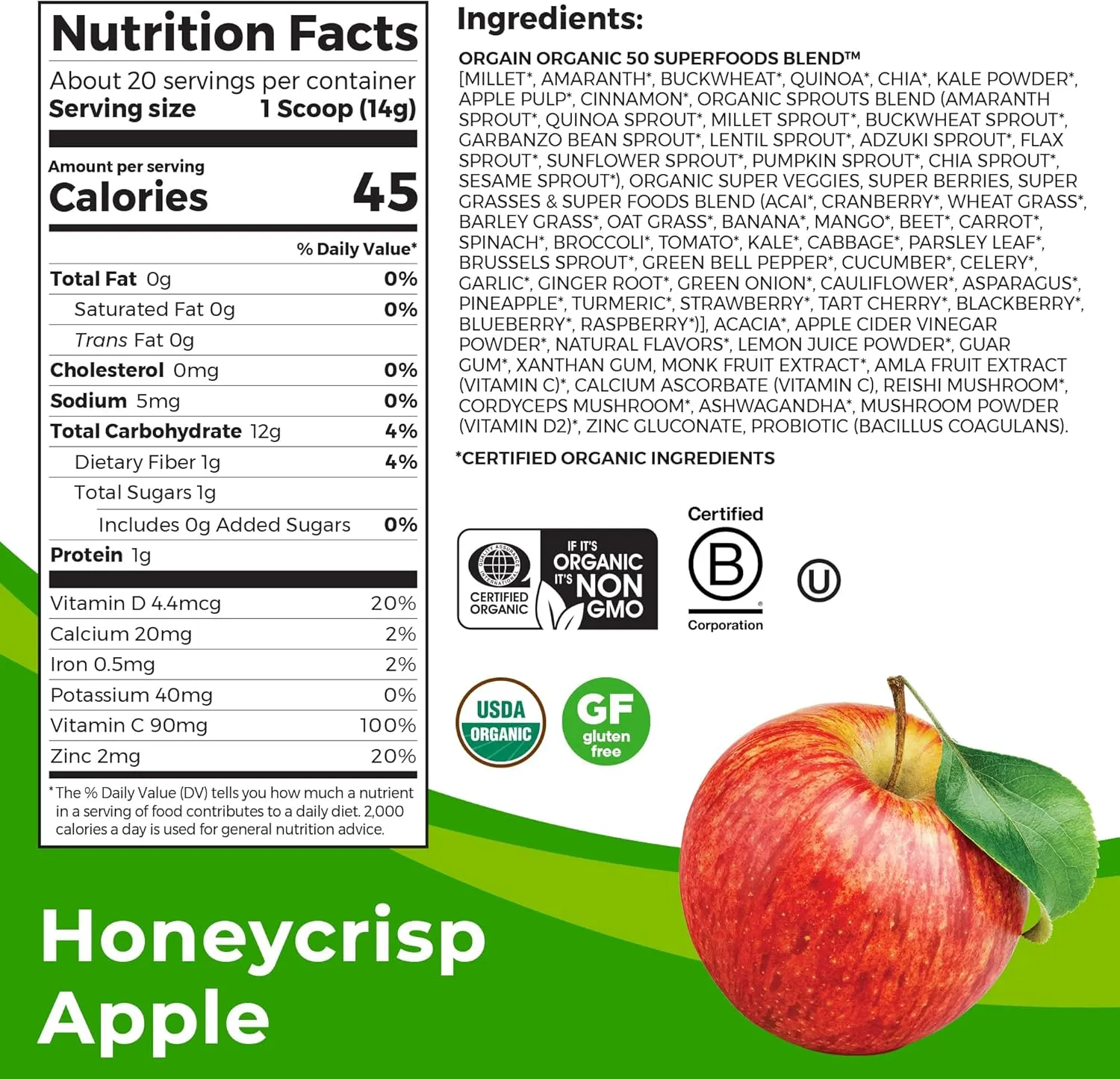 Orgain Organic Greens   50 Superfoods Immunity Up! Powder, Honeycrisp Apple - Immune Support, Probiotics, Vitamin C, D & Zinc, Apple Cider Vinegar, Ashwagandha, Cordyceps & Reishi Mushrooms - 0.62lb