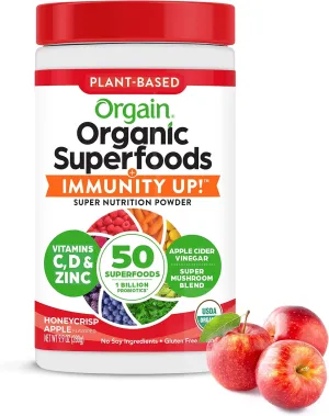 Orgain Organic Greens   50 Superfoods Immunity Up! Powder, Honeycrisp Apple - Immune Support, Probiotics, Vitamin C, D & Zinc, Apple Cider Vinegar, Ashwagandha, Cordyceps & Reishi Mushrooms - 0.62lb