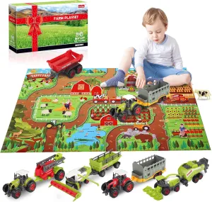Oriate Farm Tractor Set 34 Piece Die Cast Vehicle Value Playset, Large Size 4.8" Tractors Toy Kids Birthday Gift, Farm Play Mat Tractors Animals Trailer Toys, Farm Equipment Accessories